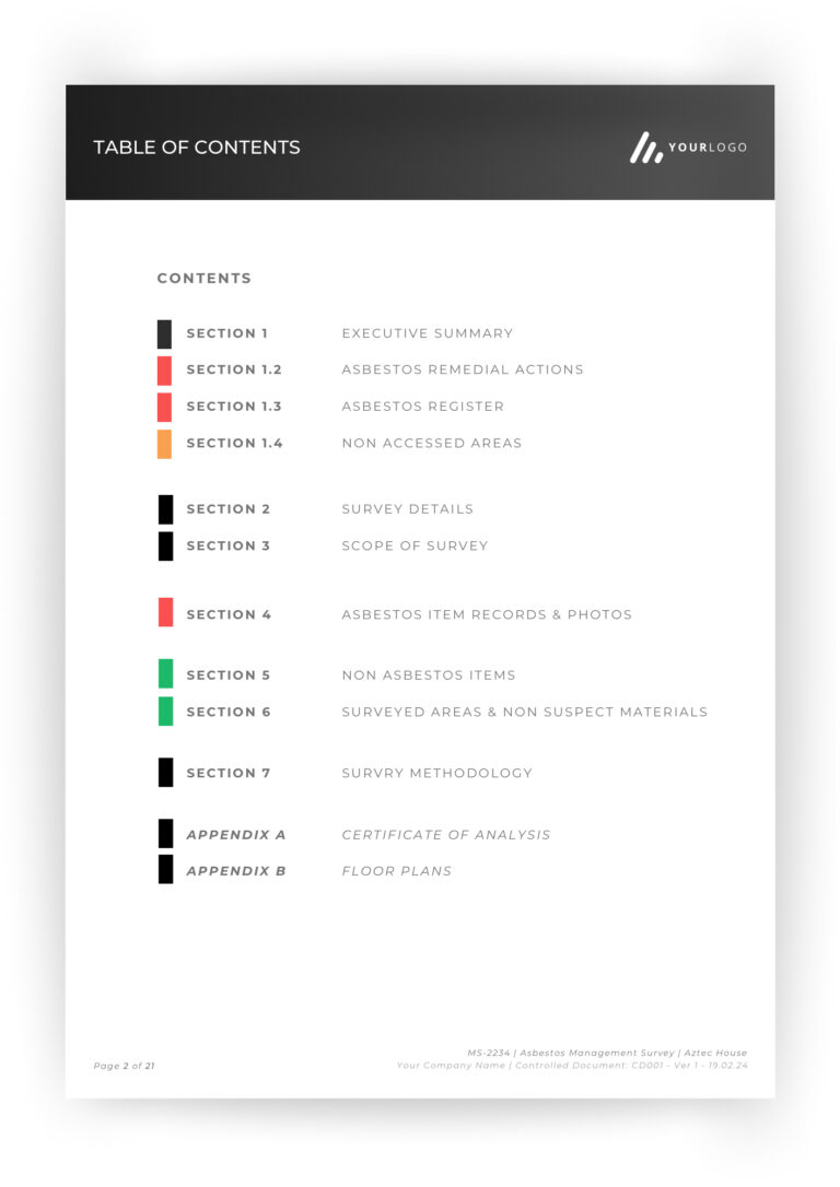 Asbestos Report - SurveyaPRO - Table of Contents